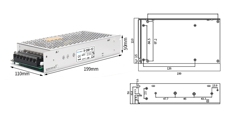 Overview of Product Dimensions for PHLTD S Series Switching Power Supply S-200 efficient and stable, with complete models