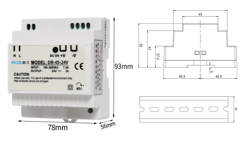 PHLTD DR Rail Series Switching Power Supply 30、45、60W Size 78x93x56mm Voltage Range 85-264VAC or 120-370VDC 