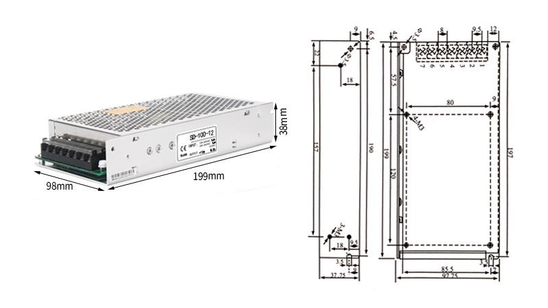 PHLTD SD Series Switching Power Supply SD-100、120、150V Size: 199x98x38mm Net weight: 0.5kgs