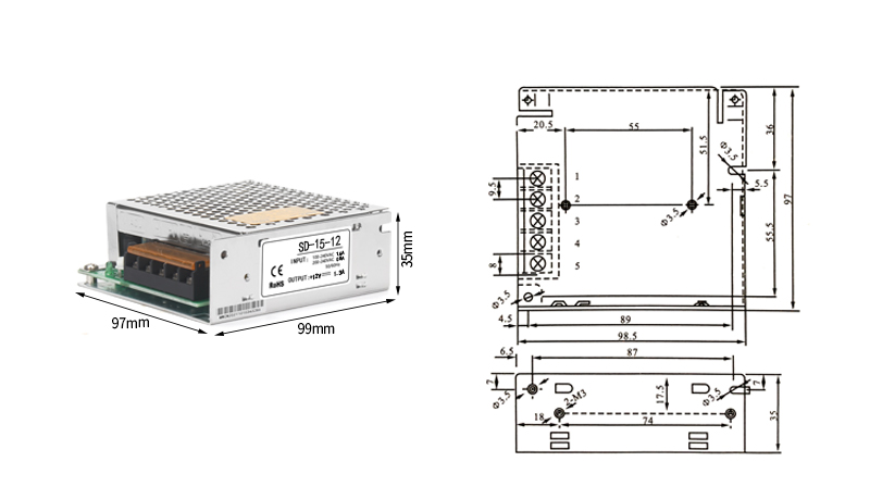 PHLTD SD Series Switching Power Supply SD-15、25V Size: 99x97x35mm Impulse current: 110VAC 18A, 220VAC 36V