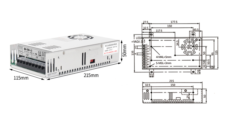 PHLTD SD Series Switching Power Supply D-250V Size :215x115x50mm Net weight: 0.9kgs DC voltage: 5V-45A, 12V-20A, 24V-10A, 36V-7A, 48V-5.2A