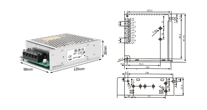 PHLTD SD Series Switching Power Supply SD-15V Size: 99x97x35mm Rated Power: 5V-7A, 12V-3A, 24V-1.5A, 36V-0.97A, 48V-0.73A