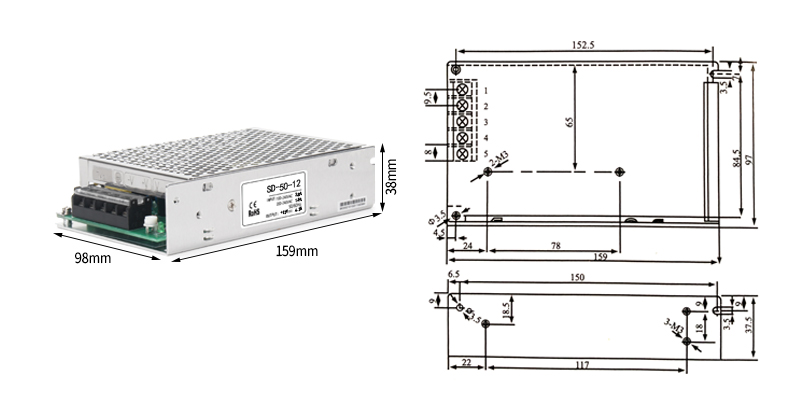 PHLTD SD Series Switching Power Supply SD-50、60、70V Size: 159x98x38mm Impulse current: 110VAC 18A, 220VAC 36V