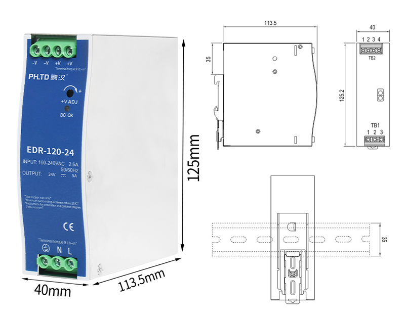 phltd EDR السكك الحديدية سلسلة التبديل إمدادات الطاقة 120W الحجم 40x113.5x125mm-