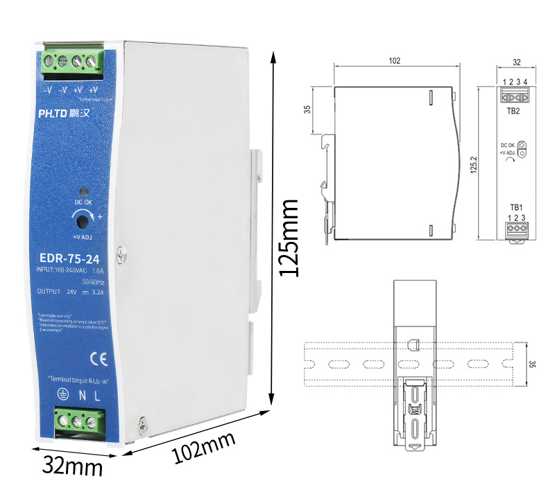 phltd EDR سلسلة السكك الحديدية التبديل إمدادات الطاقة 75W الحجم 32x125x102mm-