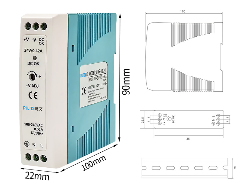 phltd MDR سلسلة السكك الحديدية التبديل إمدادات الطاقة 10W20W الحجم 22.5x90x100mm-