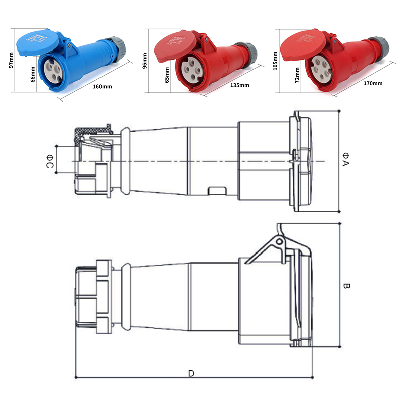 Industrial connector IP44 socket waterproof male and female aviation industrial connector 3-core 4-core 5-core 32A size diagram