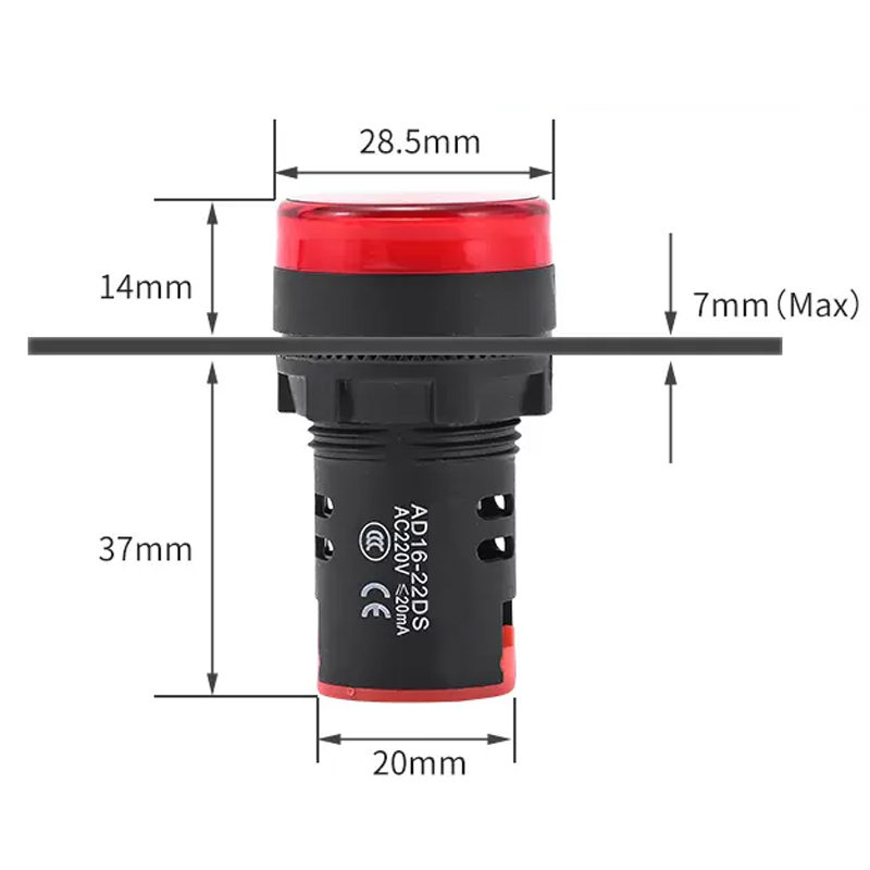 PHLTD LED indicator light 220v power signal light ACDC 1224380v red green yellow electrical box AD16 signal light size diagram