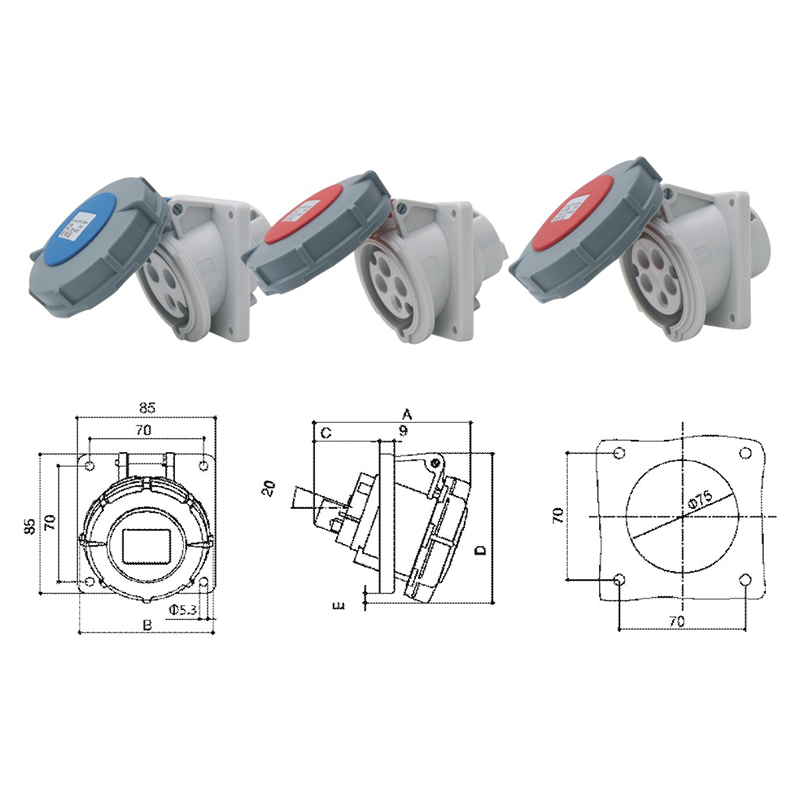 PHLTD high current IP67 waterproof industrial plug socket 3-core 4-core 5-core 16A32A concealed inclined seat 220-415V size diagram