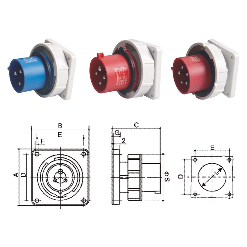 PHLTD high current IP67 waterproof industrial plug socket 3-core 4-core 5-core 16A32A concealed plug 380-415V solid brass size diagram