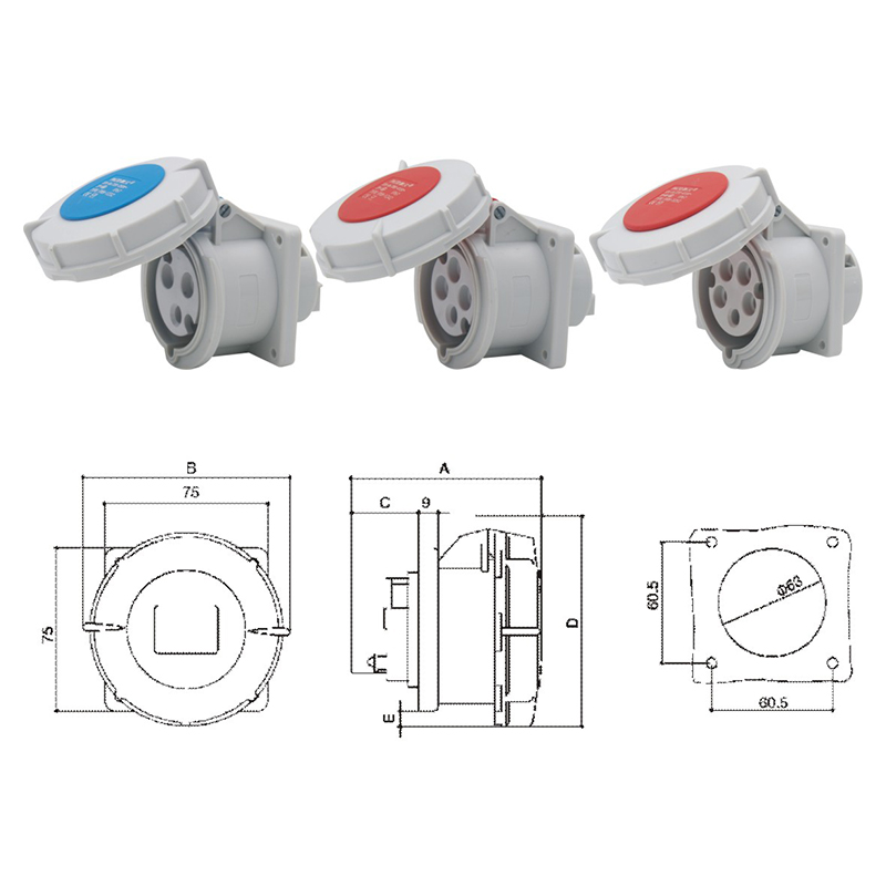 PHLTD high current IP67 waterproof industrial plug socket 3-core 4-core 5-core 16A32A concealed straight seat 220-415V size diagram