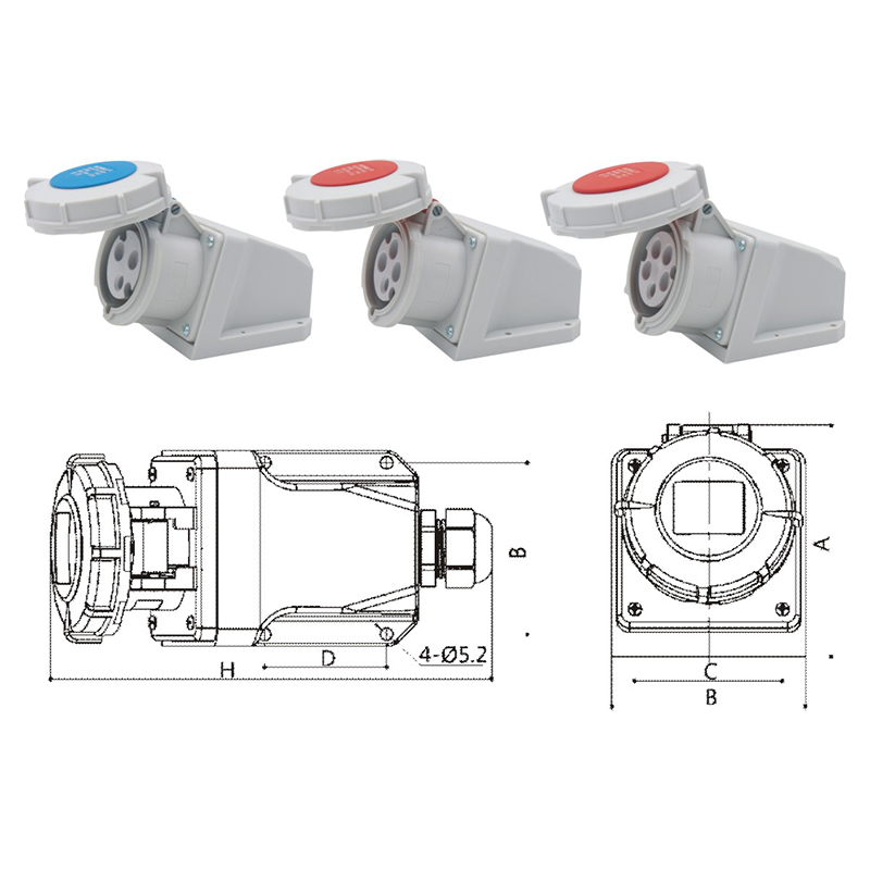 PHLTD high current IP67 waterproof industrial plug socket 3-core 4-core 5-core 16A3A wall mounted exposed socket size diagram