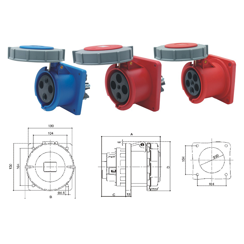 PHLTD high current IP67 waterproof industrial plug socket 3-core 4-core 5-core 63A125A concealed straight seat 220-415V size diagram