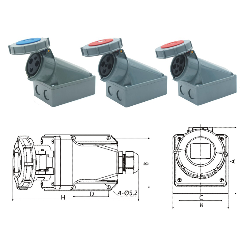 PHLTD high current IP67 waterproof industrial plug socket 3-core 4-core 5-core 63A125A wall mounted exposed socket size diagram