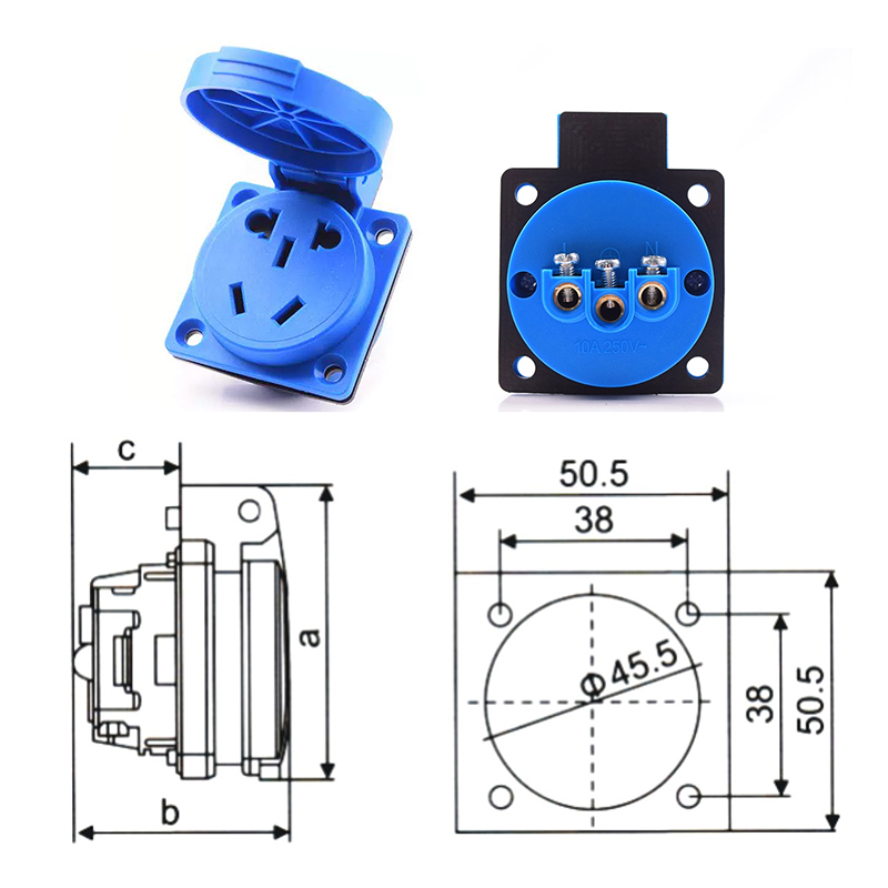 PHLTD new national standard five hole IP54 waterproof socket five hole 10A-16A voltage 220V-250V size drawing