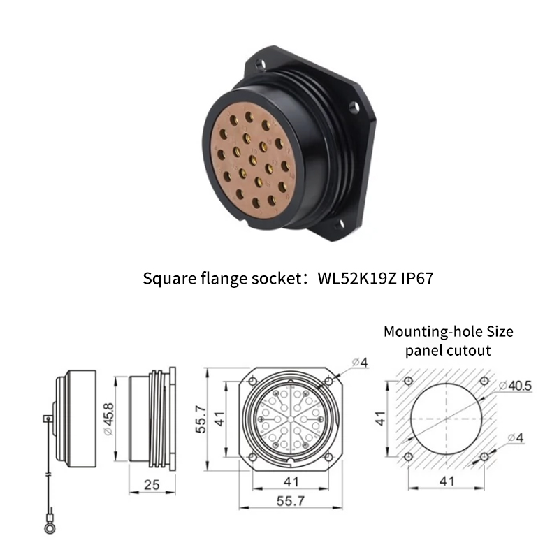 PHLTD square flange socket WL52K19Z IP67 threaded connection aluminum anodized shell size diagram