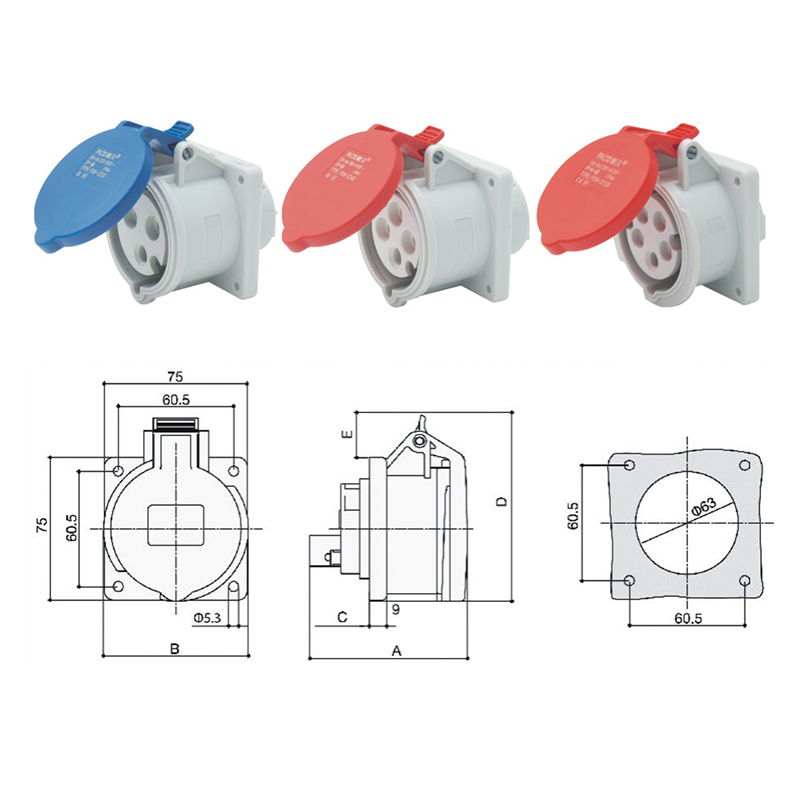 PHLTD waterproof power supply industrial concealed plug 3-core 4-core 5-core 16A socket concealed straight socket size diagram