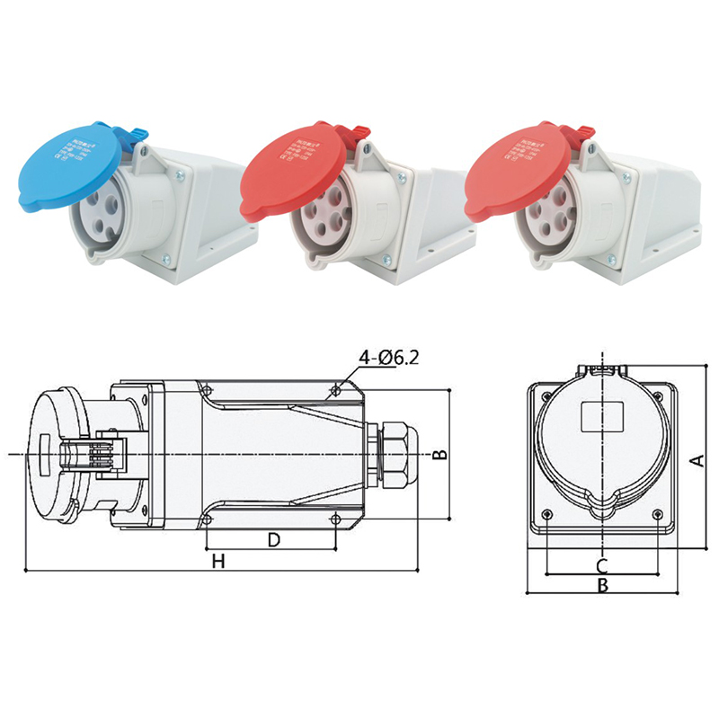 PHLTD waterproof power supply industrial wall mounted socket 3-core 4-core 5-core 16A32A size diagram